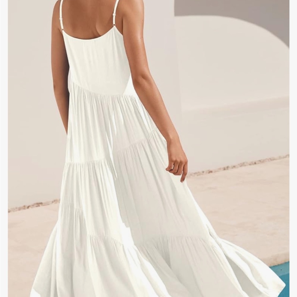 Amazon White Tiered Maxi Dress Spaghetti Strap Sundress Size L - Picture 2 of 5
